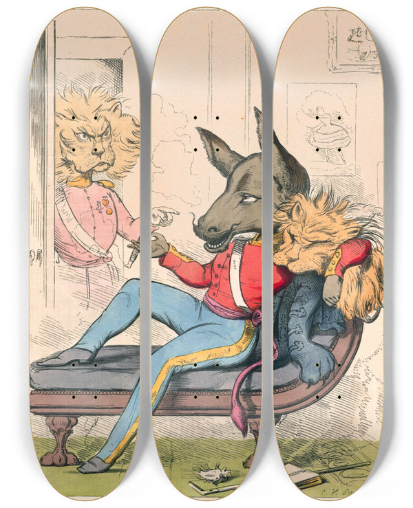 Triptych art skateboard deck of Charles Henry Bennett The Ass In A Lions Skin by Charles H Bennett (1828-1867)