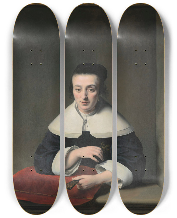 Triptych art skateboard deck of Ferdinand Bol Portrait Of A Lady At A Casement by Ferdinand Bol (1616-1680)