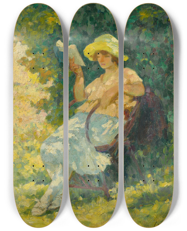 Triptych art skateboard deck of Henri Lebasque La Lecture Au Jardin by Henri Lebasque (1865-1937)