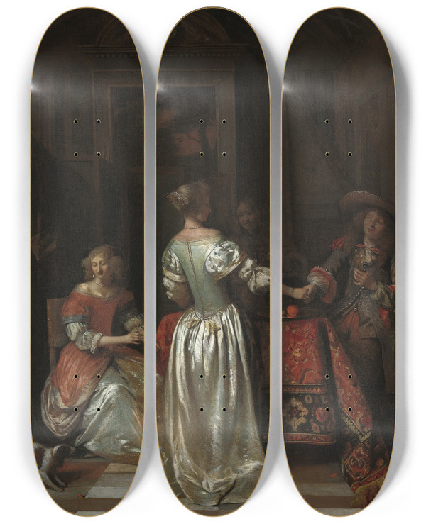 Triptych art skateboard deck of Pieter De Hooch The Greeting by Pieter De Hooch (1629-1684)
