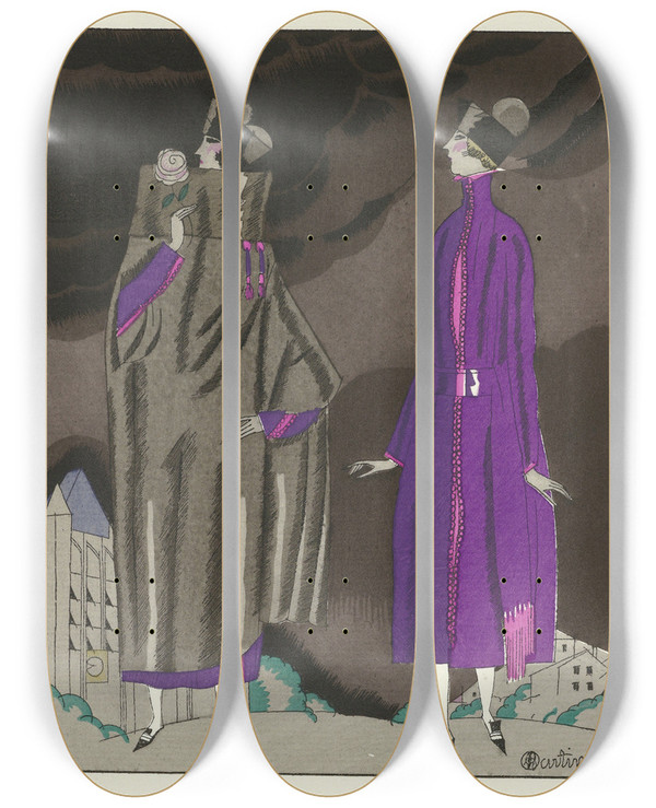 Triptych art skateboard deck of Charles Martin La Promenade A Montmartre Ensemble De Beer by Charles Martin (1884-1934)