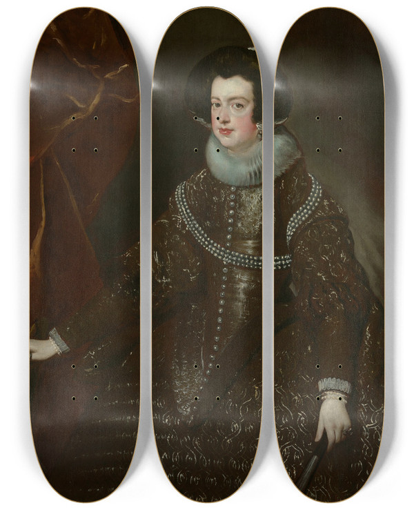Triptych art skateboard deck of Follower Of Diego Velzquez Isabella Of Bourbon Wife Of Philip Iv Of Spain by Follower Of Diego Velazquez (1599-1660)