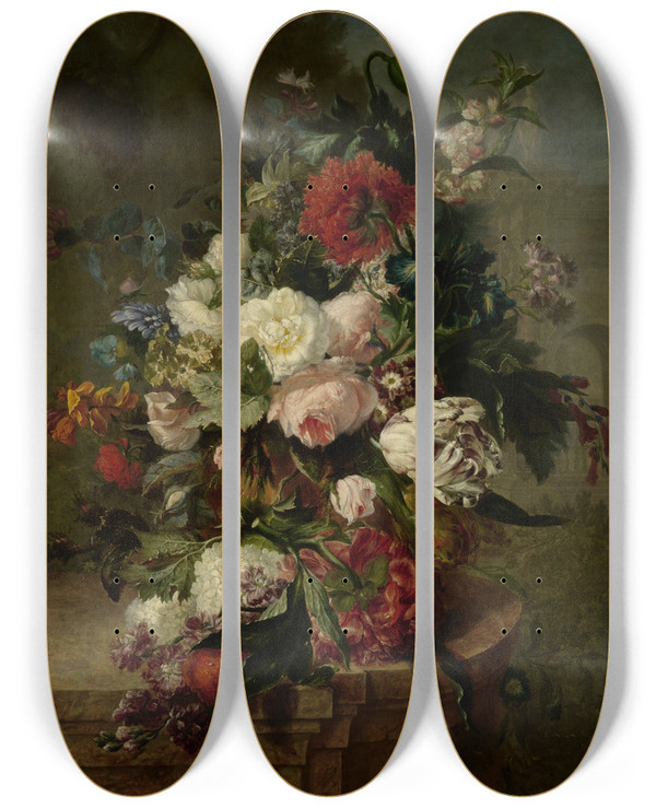 Triptych art skateboard deck of Harmanus Uppink Still Life With Flowers by Harmanus Uppink (1765-1791)