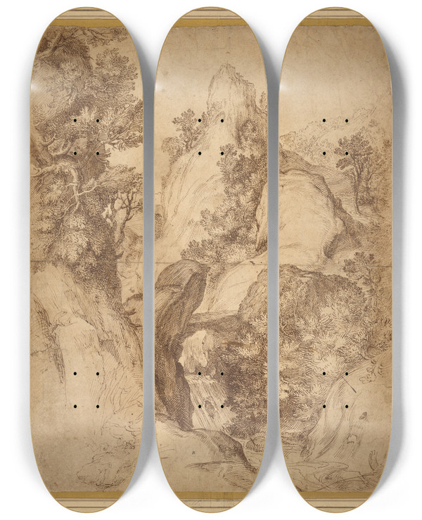 Triptych art skateboard deck of Girolamo Muziano Rocky Landscape With A Waterfall by Girolamo Muziano (1532-1592)