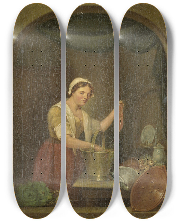 Triptych art skateboard deck of Jan De Ruyter The Kitchen Maid by Jan de Ruyter (1786-1831)