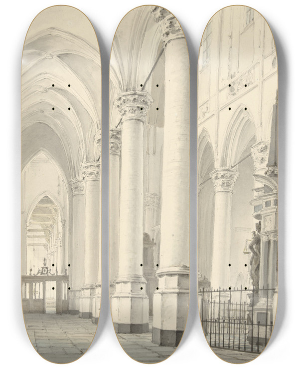 Triptych art skateboard deck of Johannes Jelgerhuis Gezicht In De Nieuwe Kerk Te Delft by Johannes Jelgerhuis (1770-1836)