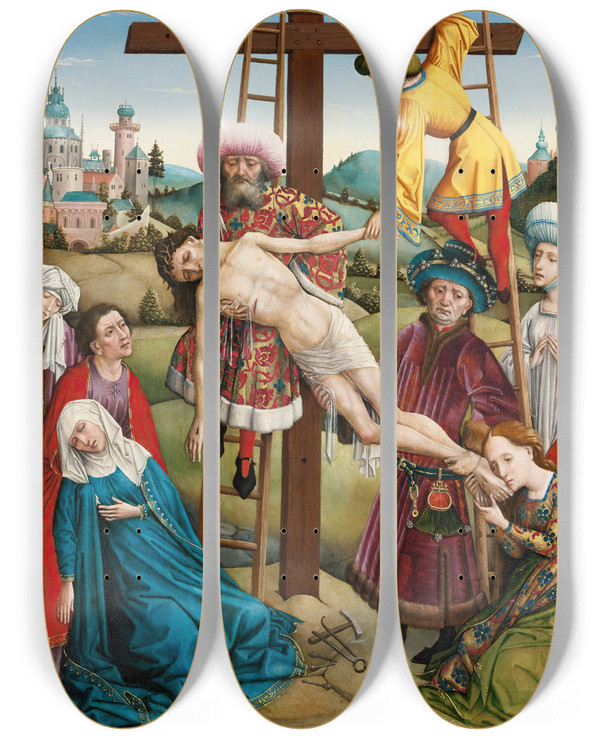 Triptych art skateboard deck of Circle Of Rogier Van Der Weyden The Descent From The Cross by Circle of Rogier van der Weyden (1399-1464)