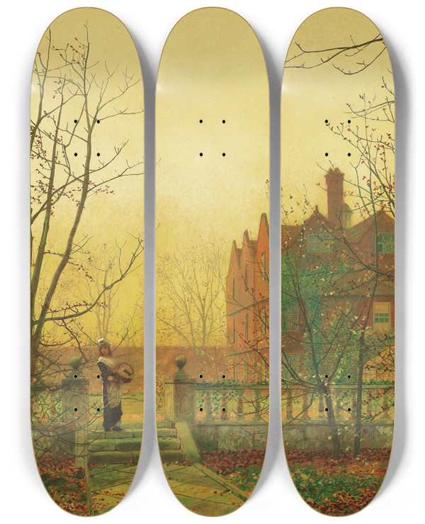 Triptych art skateboard deck of John Atkinson Grimshaw Autumn Gold by John Atkinson Grimshaw (1836-1893)