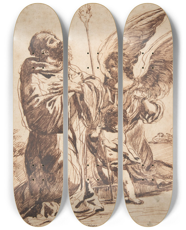 Triptych art skateboard deck of Follower Of Guercino Saint With Angel And Putto by Follower Of Guercino (1591-1666)