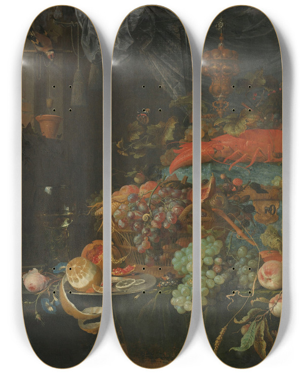 Triptych art skateboard deck of Abraham Mignon Still Life With Fruit And A Goldfinch by Abraham Mignon (1640-1679)