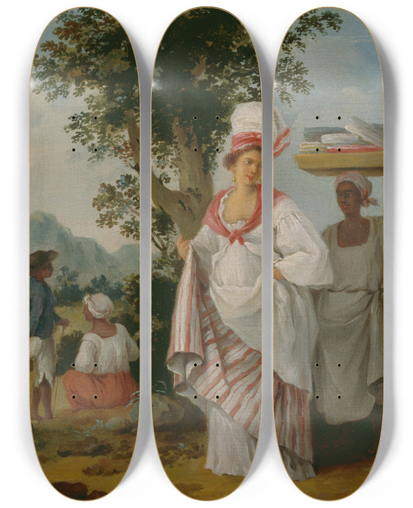 Triptych art skateboard deck of Agostino Brunias A West Indian Creole Woman Attended By Her Black Servant by Agostino Brunias (1730-1796)