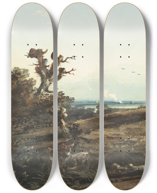 Triptych art skateboard deck of John Varley Two Donkeys In A Landscape by John Varley (1778-1842)