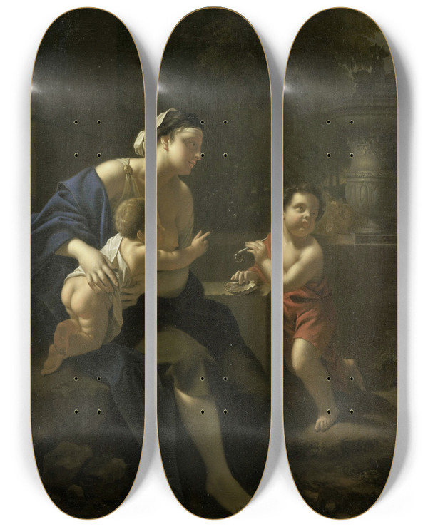 Triptych art skateboard deck of Pieter Van Der Werff Blowing Bubbles by Pieter Van Der Werff (1665-1722)