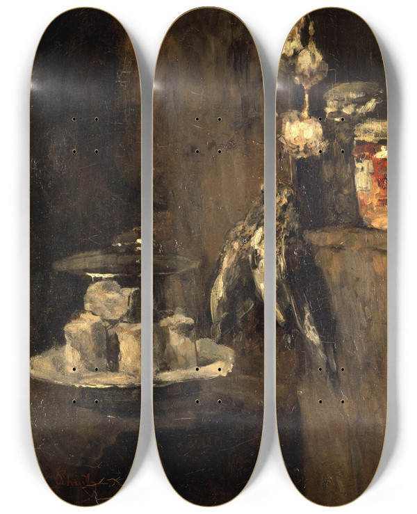Triptych art skateboard deck of Carl Schuch Still Life With Partridges And Cheese by Carl Schuch (1846-1903)