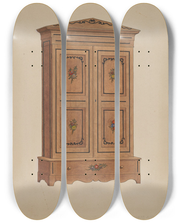 Triptych art skateboard deck of Edward A Darby Painted Wardrobe by Edward A Darby