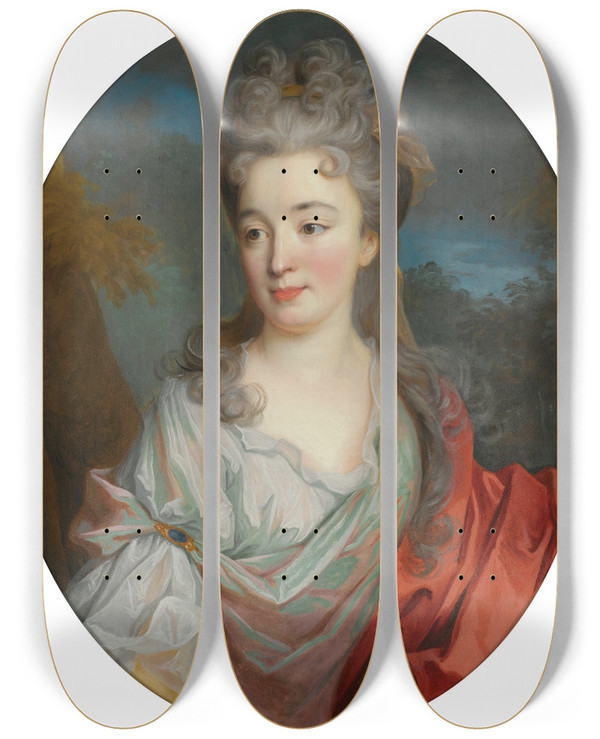 Triptych art skateboard deck of Jeanbaptiste Oudry Portrait Of A Lady Half Length With A White Shirt And Red Sash A Landscape Beyond by Jean-Baptiste Oudry (1686-1755)