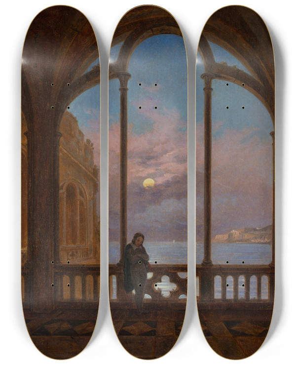 Triptych art skateboard deck of Carl Gustav Carus Erinnerung An Neapel Mondnacht Ber Dem Mittelmeer by Carl Gustav Carus (1789-1869)