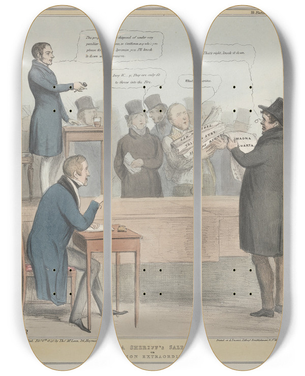 Triptych art skateboard deck of John Doyle A Sherriffs Sale Or Auction Extraordinary by John Doyle (1939)