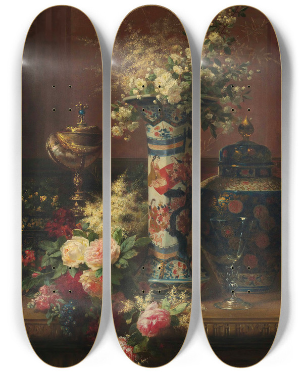 Triptych art skateboard deck of Jeanbaptiste Robie Roses Peonies And Forgetmenots In A Japanese Vase by Jean-Baptiste Robie (1821-1910)