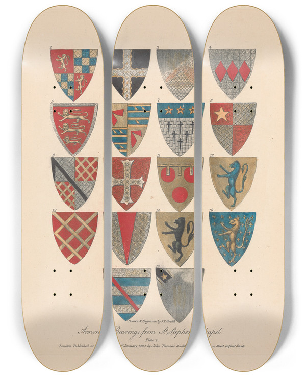 Triptych art skateboard deck of John Thomas Smith Armorial Bearings From St Stephens Chapel by John Thomas Smith (1766-1833)
