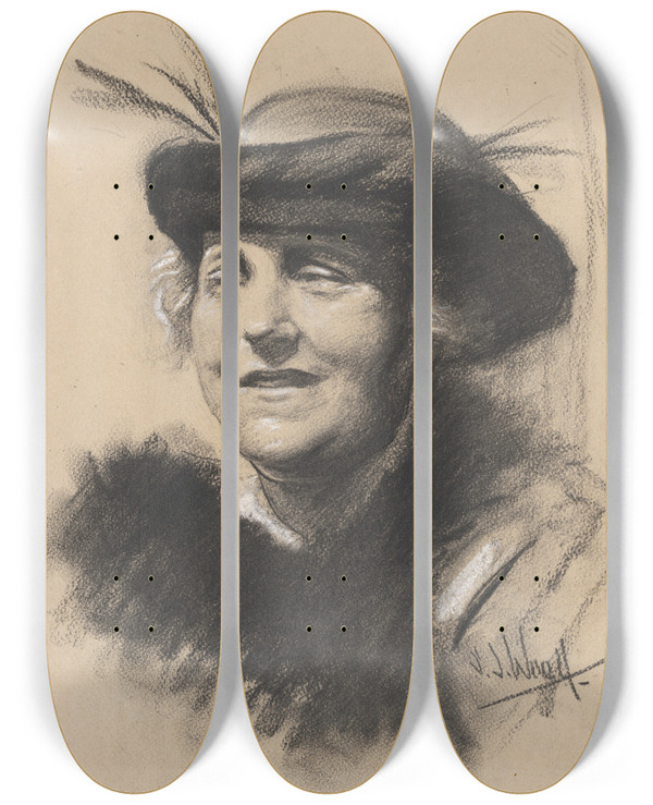 Triptych art skateboard deck of Samuel Johnson Woolf Elsa Loewenthal Einstein by Samuel Johnson Woolf (1880-1948)