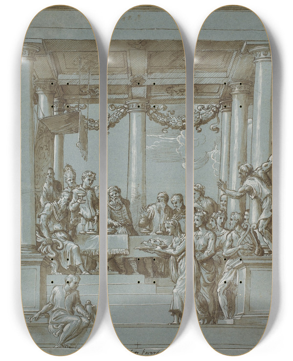 Triptych art skateboard deck of Domenico Campagnola Herodes Gstebud by Domenico Campagnola (1500-1564)