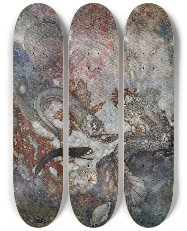 Triptych art skateboard deck of Edmund Dulac The Mermaid Pl 1 by Edmund Dulac (1882-1953)