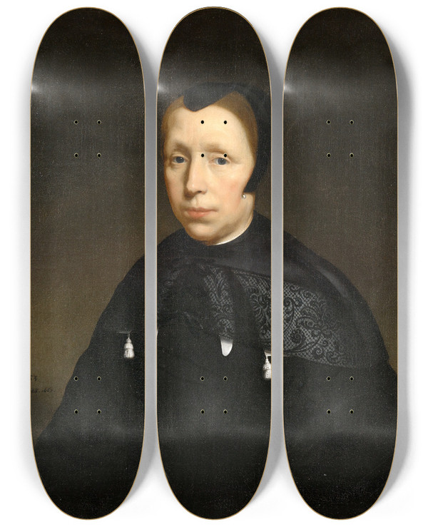 Triptych art skateboard deck of Nicolaes Maes Portrait Of A Widow by Nicolaes Maes (1634-1693)