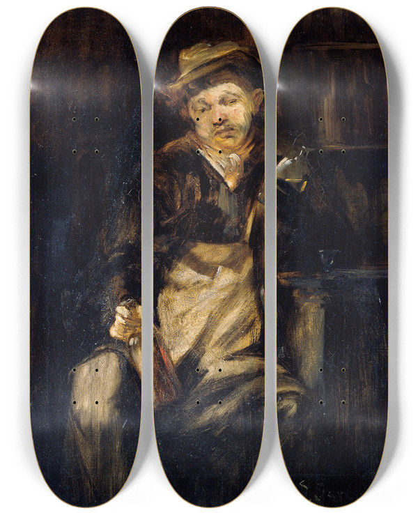 Triptych art skateboard deck of Jozef Israls Der Trinker by Jozef Israels (1824-1911)
