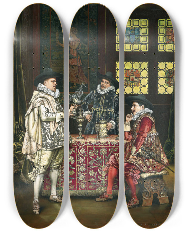 Triptych art skateboard deck of Adolphealexandre Lesrel At The Goldsmiths by Adolphe Alexandre Lesrel (1839-1929)