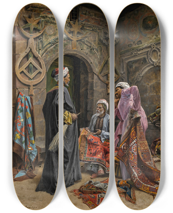 Triptych art skateboard deck of Alphons Leopold Mielich The Carpet Seller by Alphons Leopold Mielich (1863-1929)