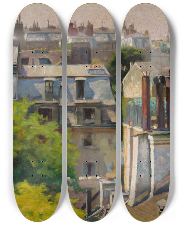 Triptych art skateboard deck of Gustaw Pillati Roofs Of Paris by Gustaw Pillati (1874-1931)