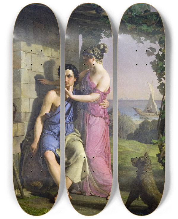Triptych art skateboard deck of Heinrich Eddelien The Origin Of Painting by Heinrich Eddelien (1802-1852)