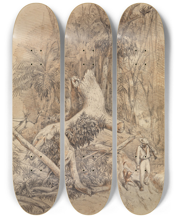 Triptych art skateboard deck of Ferdinand Keller Jger Mit Hund Im Urwald by Ferdinand Keller (1842-1922)