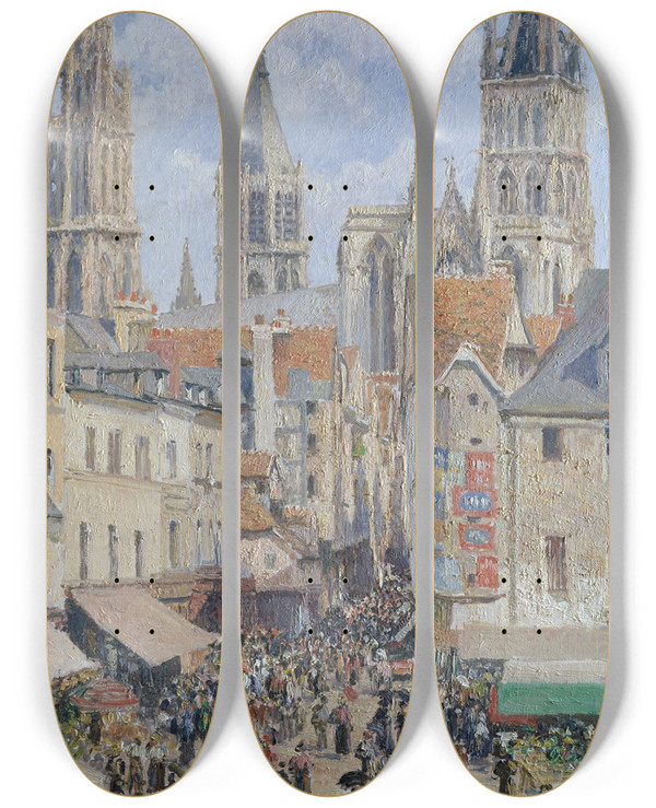 Triptych art skateboard deck of Camille Pissarro Rue De Lpicerie Rouen Effect Of Sunlight_2 by Camille Pissarro (1830-1903)
