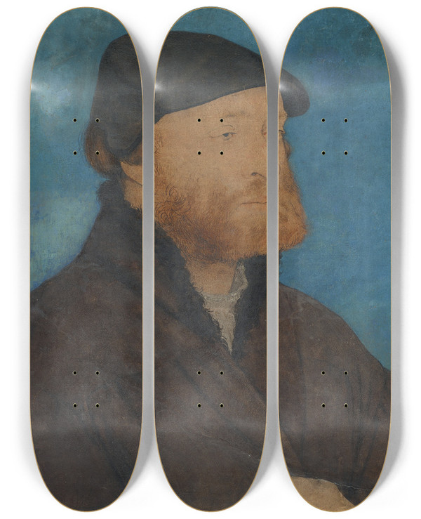 Triptych art skateboard deck of Hans Holbein The Younger Bildnis Eines Mannes Mit Schwarzem Barett by Hans Holbein The Younger (1497-1543)