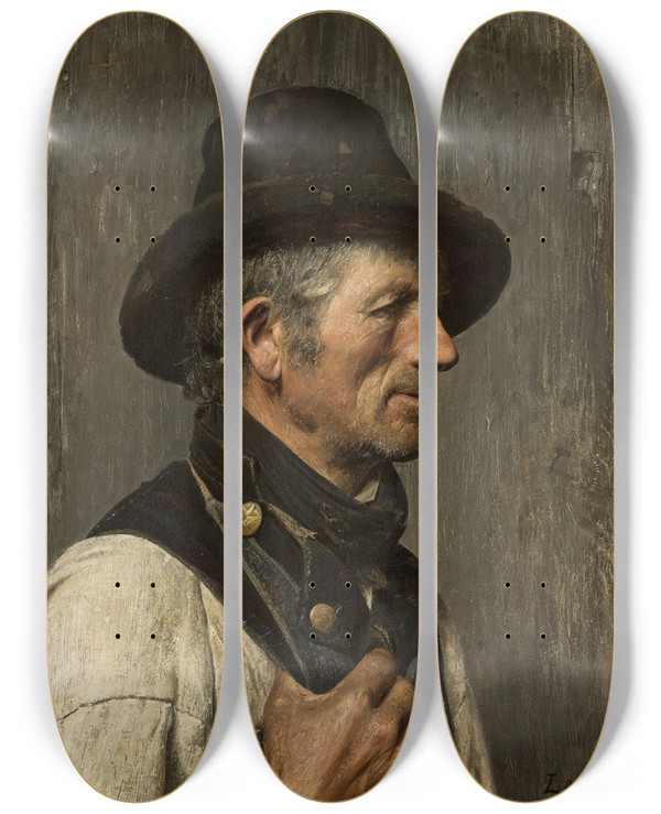 Triptych art skateboard deck of Franz Von Lenbach Portrait Of A Peasant In A Hat by Franz Von Lenbach (1836-1904)