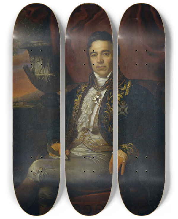 Triptych art skateboard deck of Raden Saleh Portrait Of Jean Chrtien Baud Governorgeneral Ad Interim Of The Dutch East Indies by Raden Saleh (1811-1880)