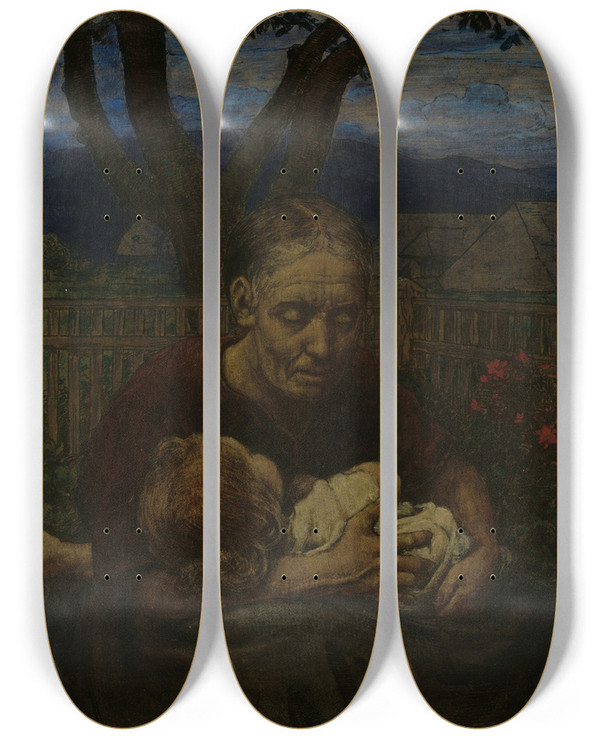 Triptych art skateboard deck of Hans Thoma Mother And Child In A Garden by Hans Thoma (1839-1924)
