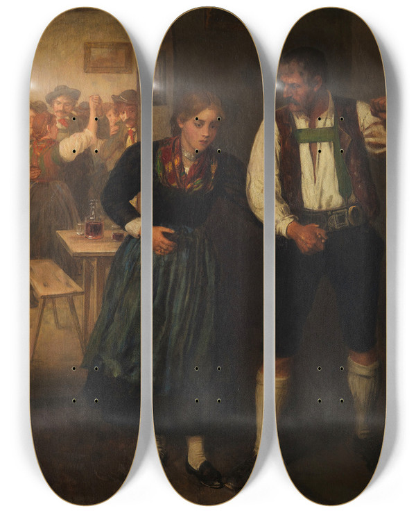 Triptych art skateboard deck of Franz Von Defregger Beim Tanz by Franz Von Defregger (1835-1921)