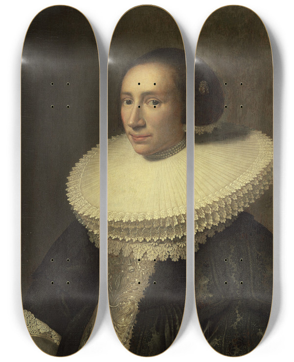 Triptych art skateboard deck of Michiel Jansz Van Mierevelt Portrait Of A Lady With A Ruff by Michiel Jansz Van Mierevelt (1566-1641)