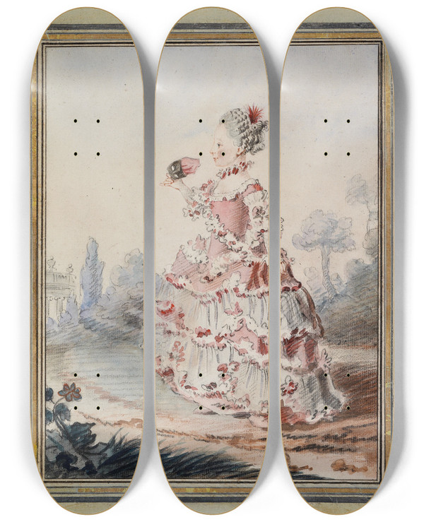 Triptych art skateboard deck of Louis Carrogis Carmontelle Mlle Dazincourt by Louis Carrogis Carmontelle (1717-1806)