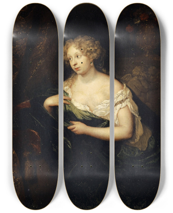 Triptych art skateboard deck of Caspar Netscher Lady In Front Of A Mirror by Caspar Netscher (1639-1684)