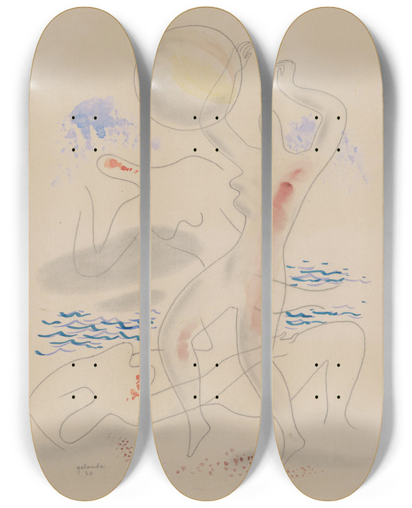 Triptych art skateboard deck of Mikul Galanda Playing With A Ball by Mikulas Galanda (1895-1938)