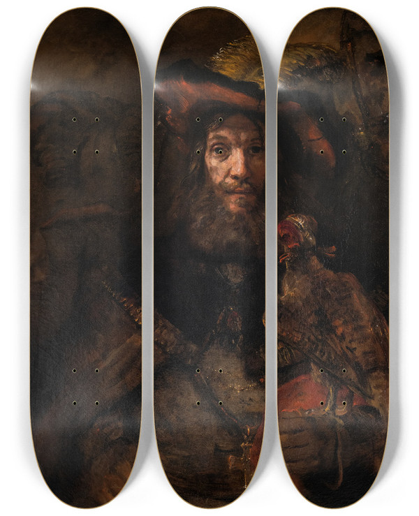 Triptych art skateboard deck of Rembrandt Van Rijn The Knight With The Falcon by Rembrandt Van Rijn (1606-1669)