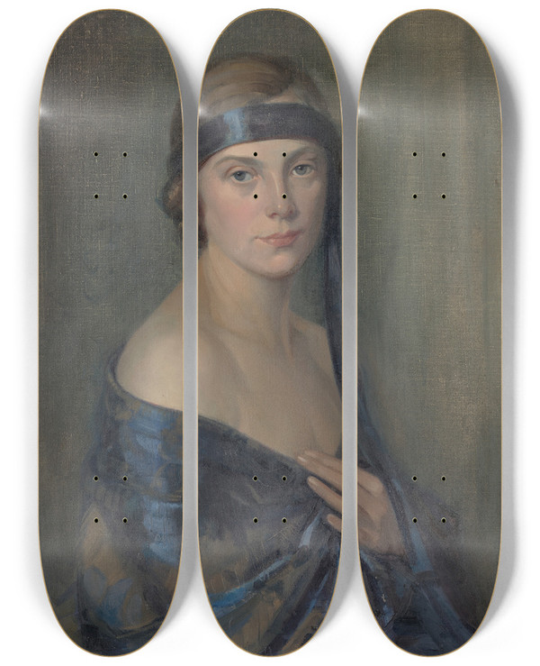 Triptych art skateboard deck of Mary Elizabeth Tripe The Blue Ribbon by Mary Elizabeth Tripe (1870-1939)
