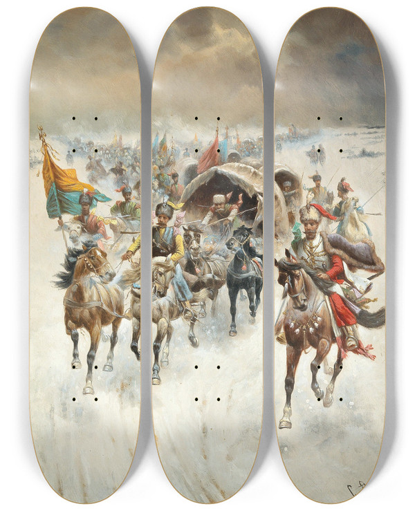 Triptych art skateboard deck of Adolf Baumgartnerstoiloff Cossack Train In A Winter Landscape by Adolf Baumgartner Stoiloff (1850-1924)