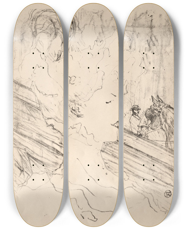 Triptych art skateboard deck of Henri De Toulouselautrec Emilienne Dalenon by Henri de Toulouse-Lautrec (1864-1901)
