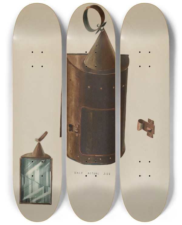 Triptych art skateboard deck of James Vail Lantern by James Vail