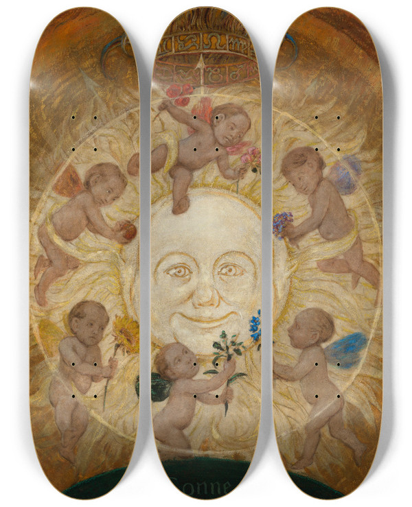 Triptych art skateboard deck of Hans Thoma Die Sonne by Hans Thoma (1839-1924)